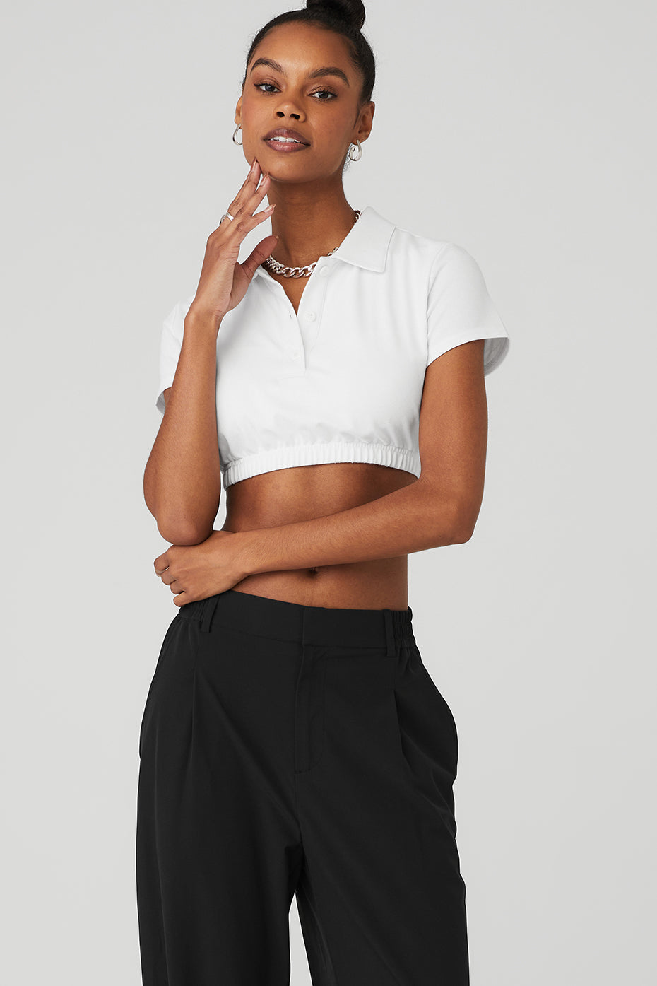 Alo Yoga | Cropped Prestige Polo Shorts Short Sleeves Top in White, Size: XS