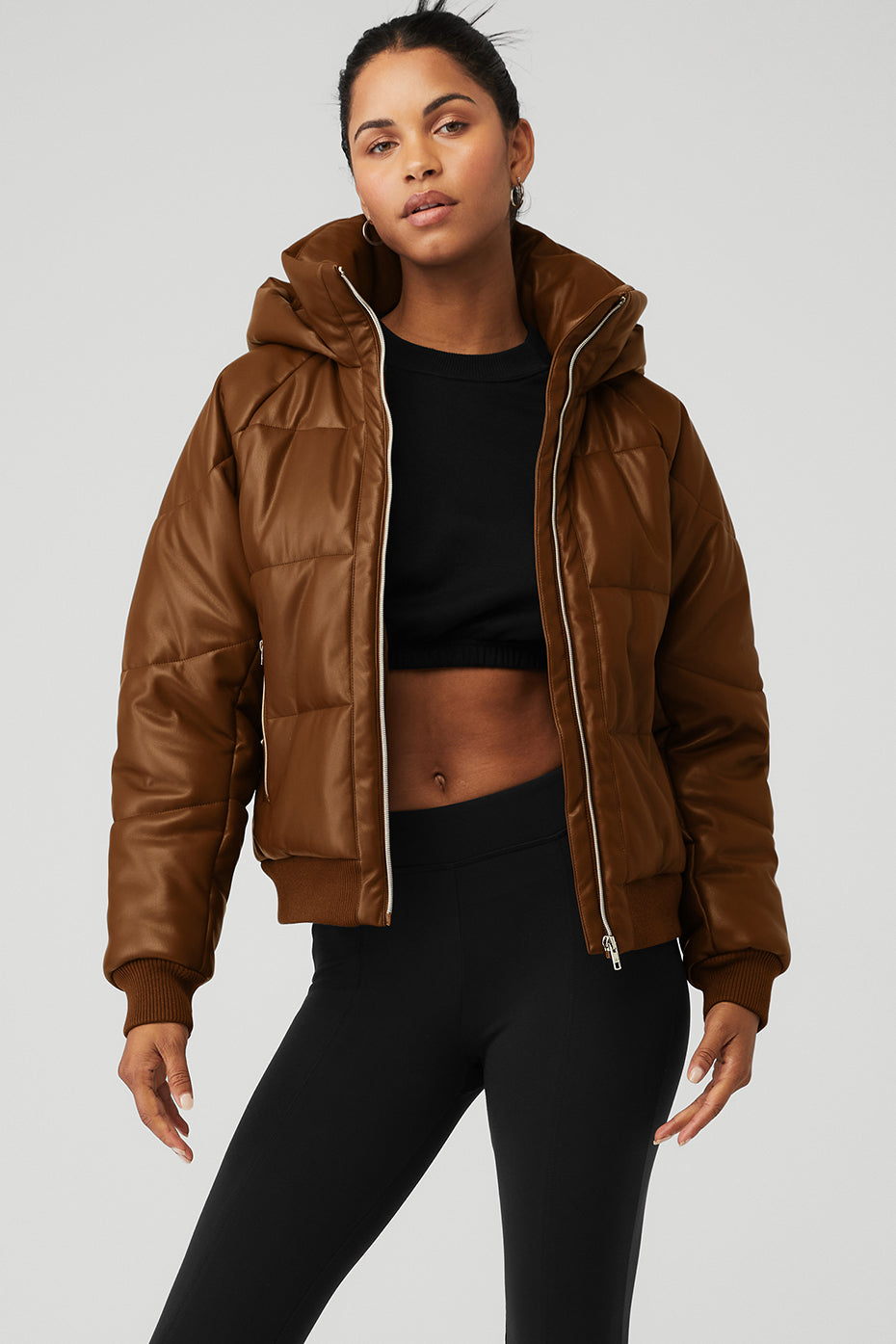 Alo Yoga | Faux Leather Boss Puffer Jacket in Cinnamon Brown, Size: XS