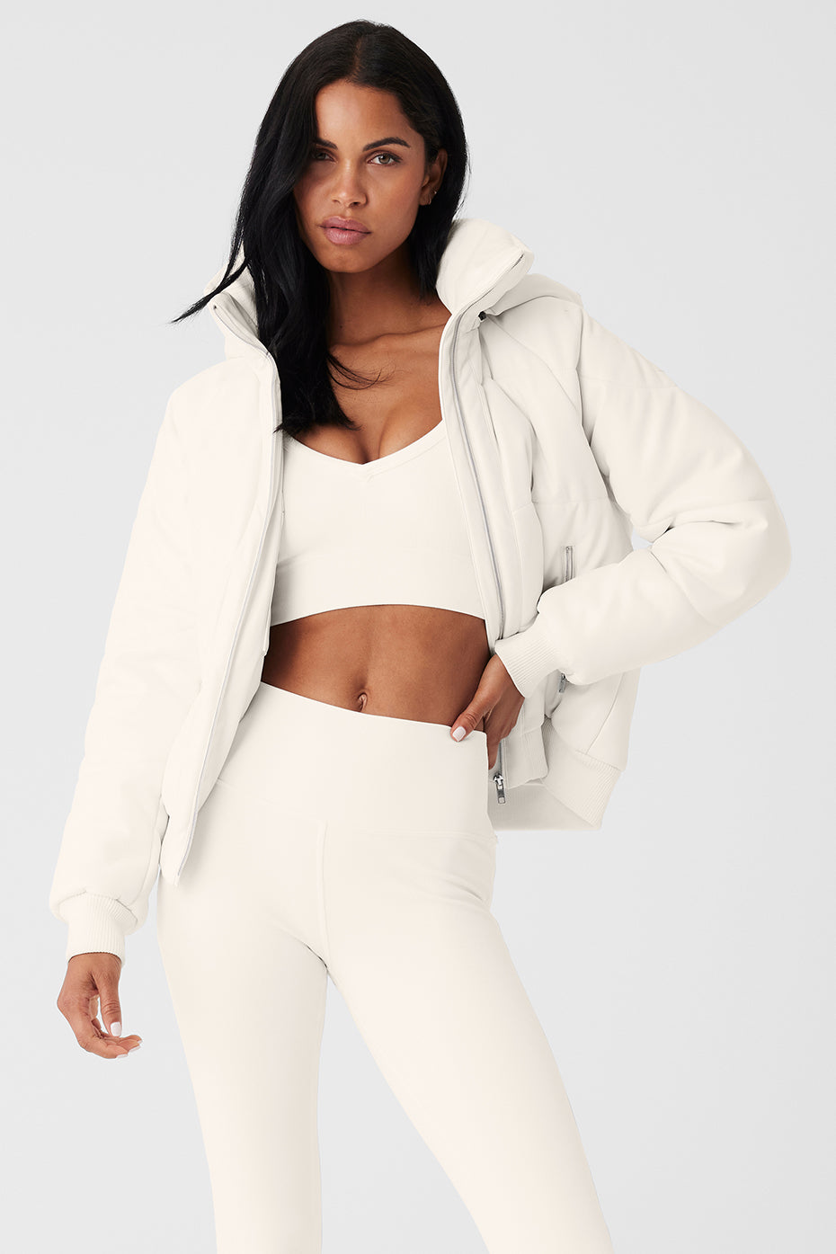 Alo Yoga | Faux Leather Boss Puffer Jacket in Ivory White, Size: XS