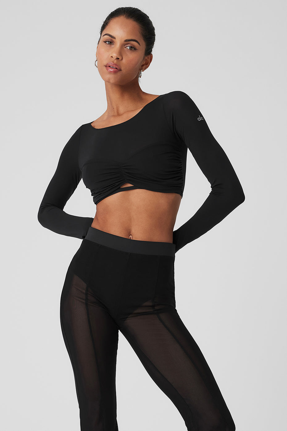 Alo Yoga | Mesh Sheer Illusion Cropped Long Sleeve Top in Black, Size: XS