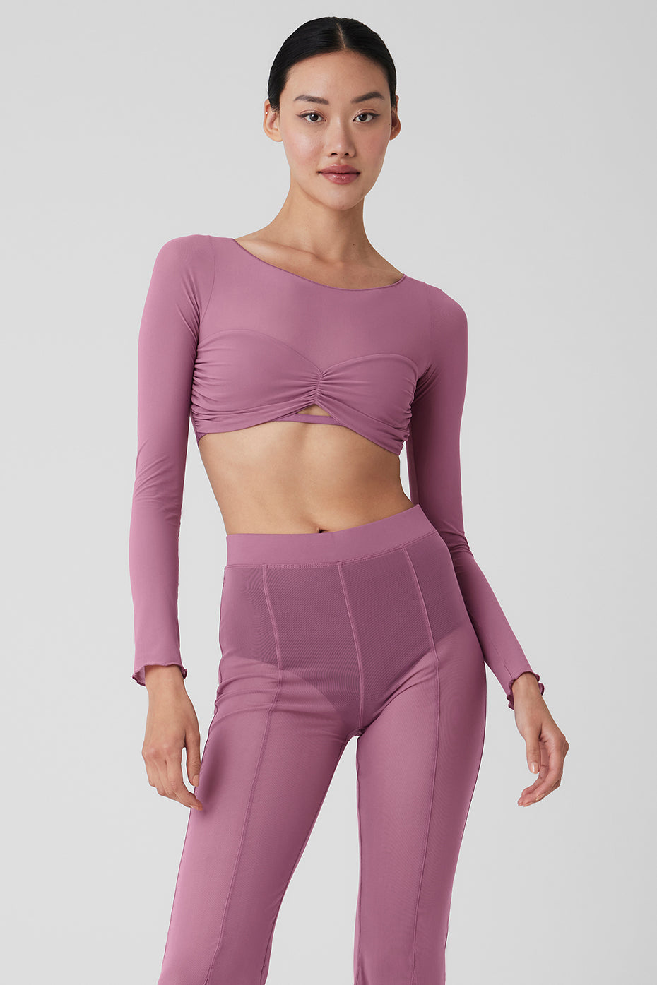 Alo Yoga | Mesh Sheer Illusion Cropped Long Sleeve Top in Soft Mulberry Purple, Size: XS