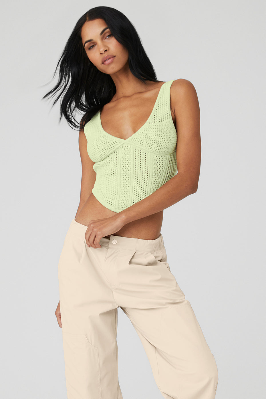 Alo Yoga | Open-Knit Chase The Sun Corset Tank Top in Iced Green Tea, Size: XS