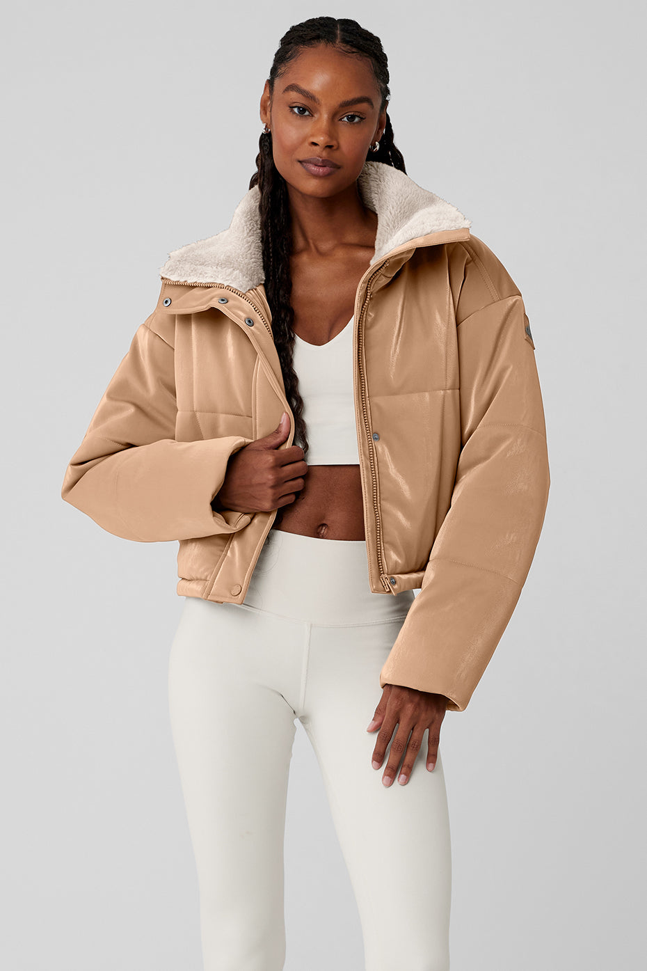 Alo Yoga | Orion Cropped Puffer Jacket in Toasted Almond Beige, Size: XS