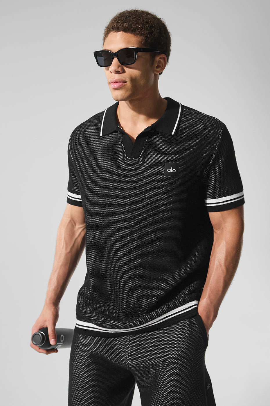 Alo Yoga | Sports Club Sweater Knit Polo Top in Black, Size: Small