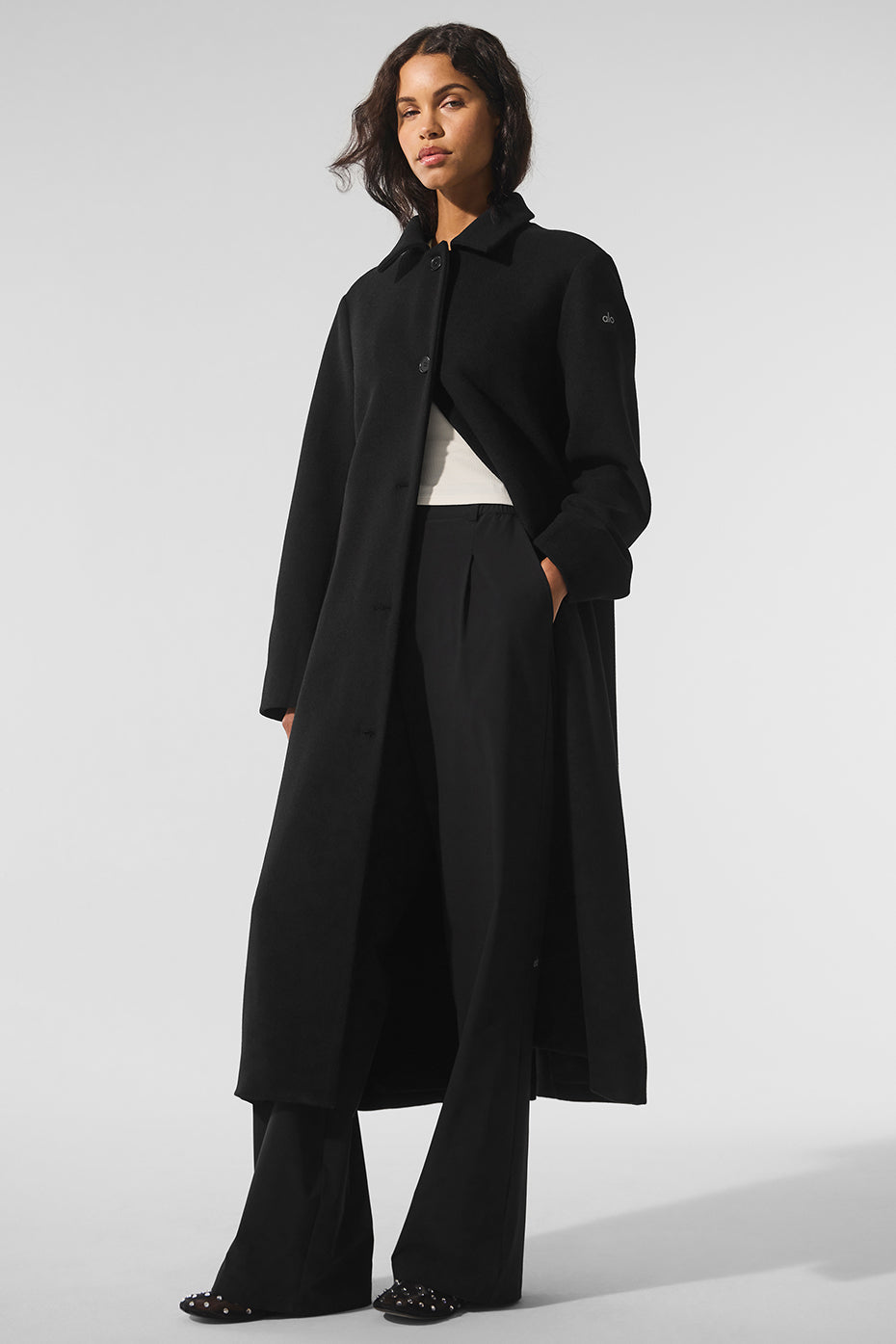 Alo Yoga | Wool Metro Long Coat in Black, Size: XS