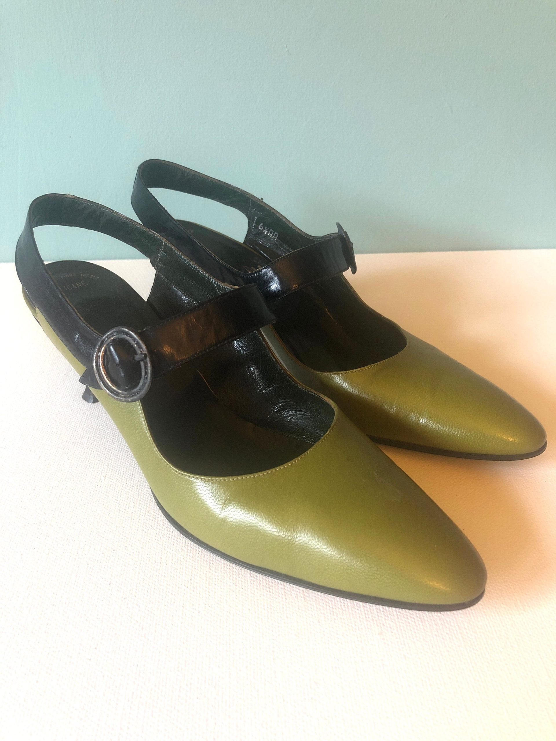 Amalfi Vintage Black & Green Slingback Designer Shoes, 1960's Made in Florence Italy, Rangoni