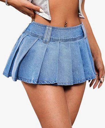 Amazon Women's Y2K Low Waist Ruffle Pleated Skirt in Blue Denim (Size 30)