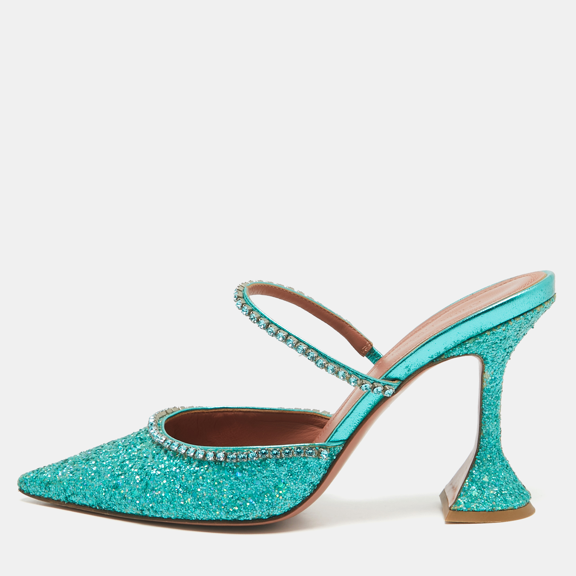 Amina Muaddi Teal Green Glitter Crystal Embellished Mules Size 38.5