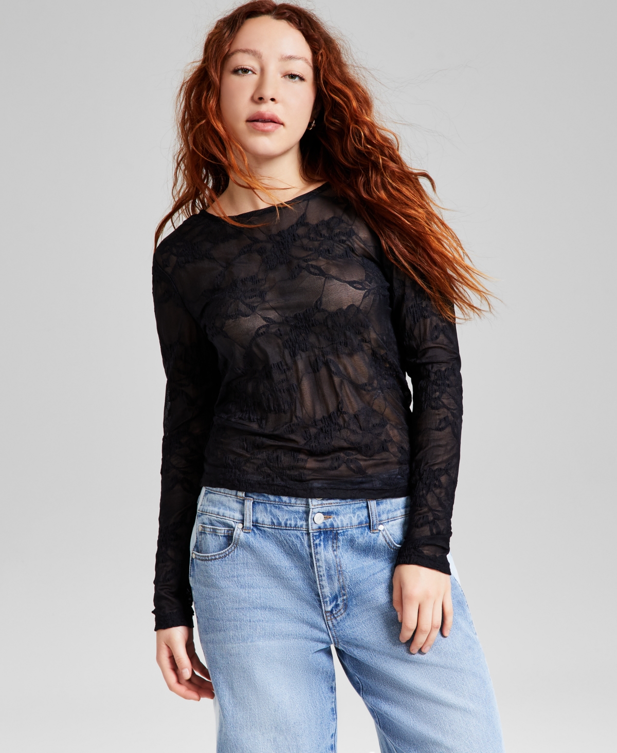 And Now This Women's Floral Crewneck Long-Sleeve Mesh Top, Exclusively at Macy's - Black