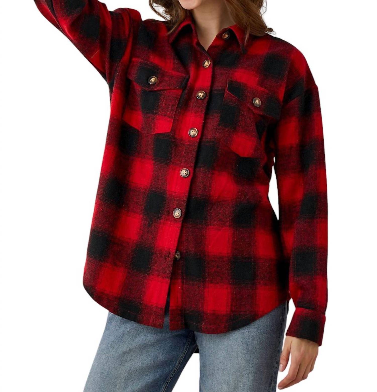 Andie Plaid Fringe Button Shacket In Red