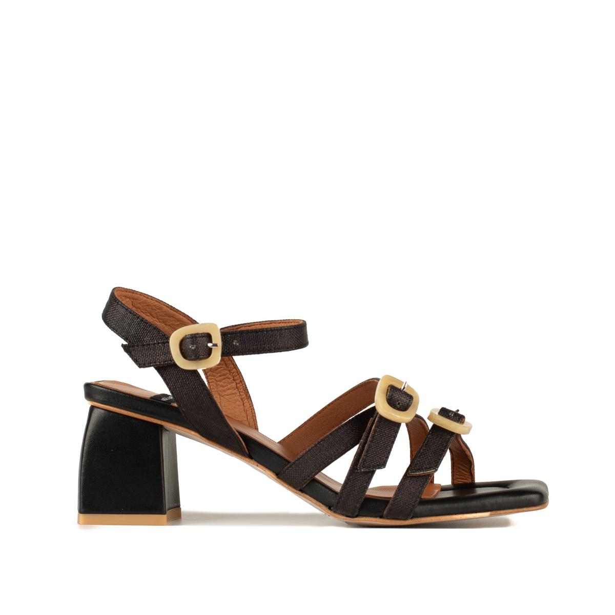 Angel Alarcon Ralia Black Leather And Raffia Heeled Sandal