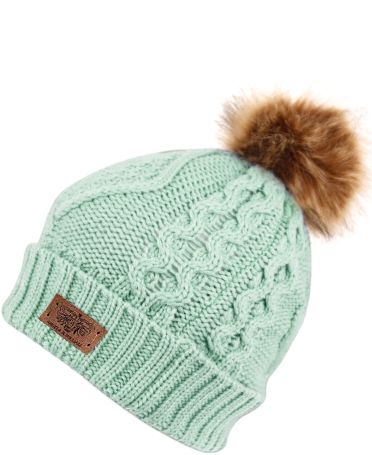 Angela & William Faux Fur Pom Beanie with Fleece Lining - Mint