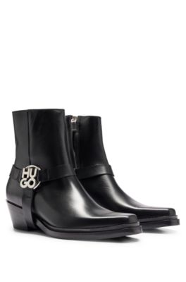 Ankle boots in leather with metallic stacked-logo trim- Black Women's Boots size 7