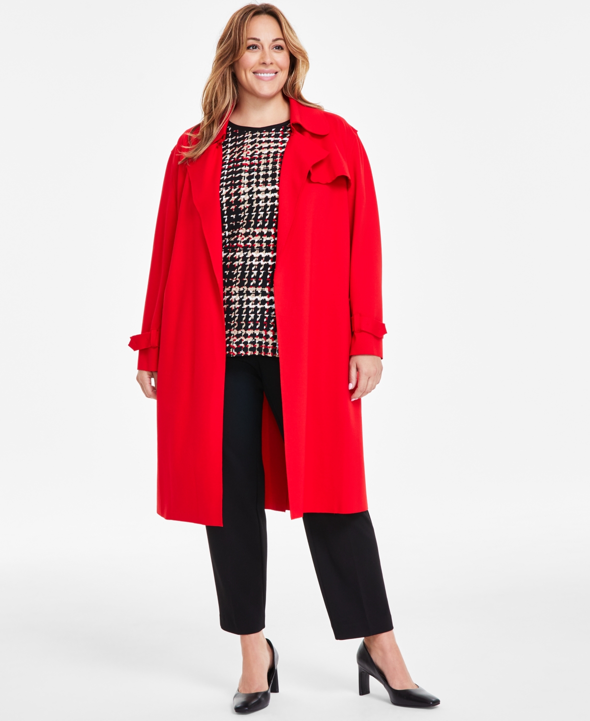 Anne Klein Plus Size Classic Belted Trench Coat - BRIGHT CRIMSON