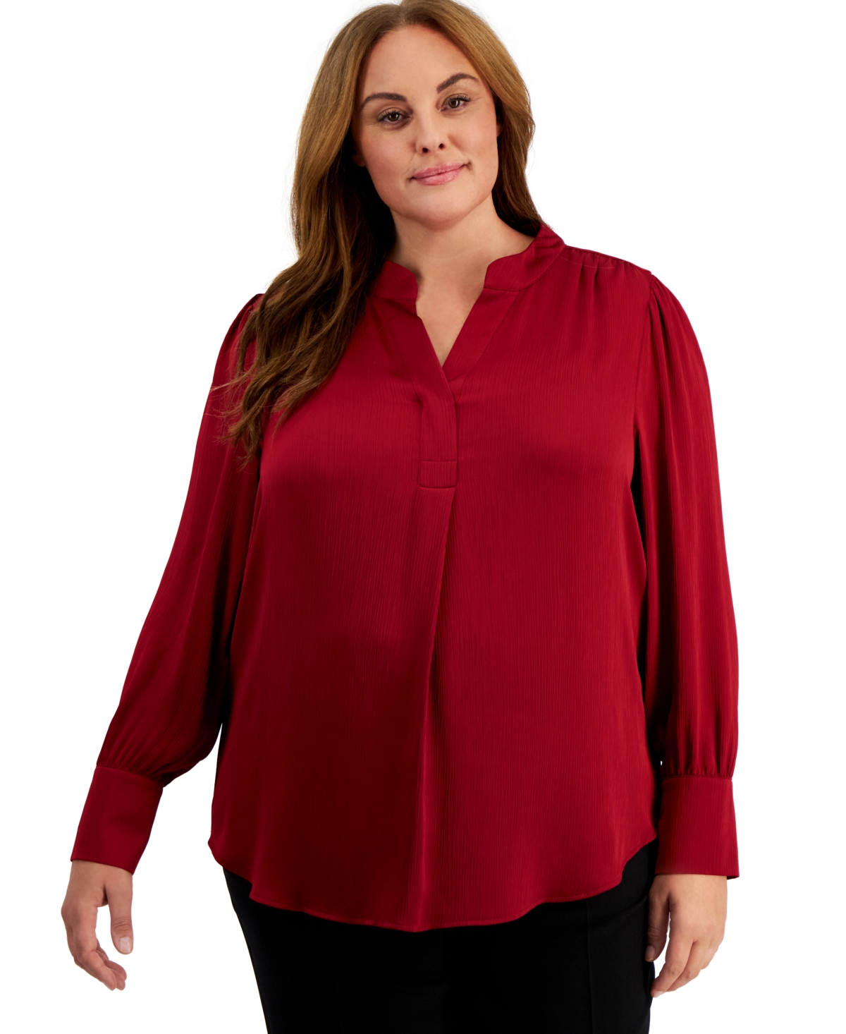 Anne Klein Plus Size Pleat-Front Long-Sleeve Top - Titian Red