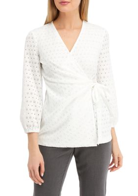 Anne Klein Women's Dot Lace Knit 3/4 Blouson Sleeve Wrap Top, White, XS