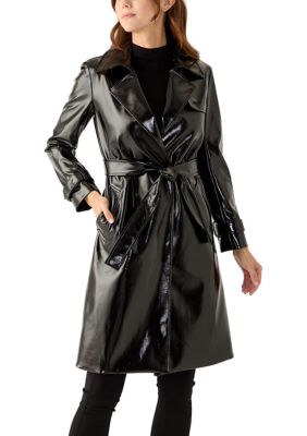 Anne Klein Women's Faux Patent Leather Trench Coat, Black, Medium