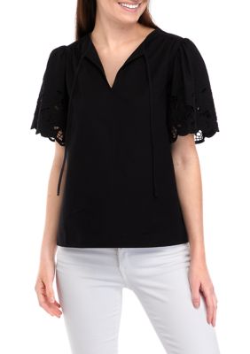 Anne Klein Women's Short Flutter Sleeve Embroidered Blouse, Black, XS