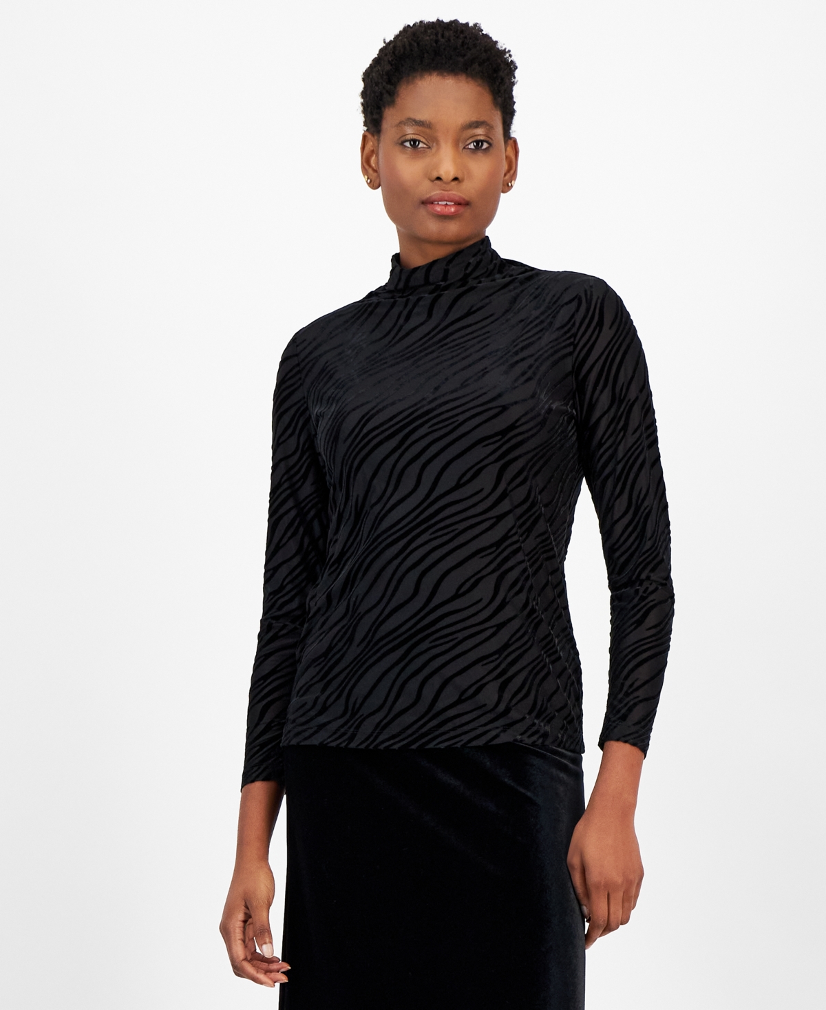 Anne Klein Women's Velvet Animal Burnout Long-Sleeve Top - Anne Black