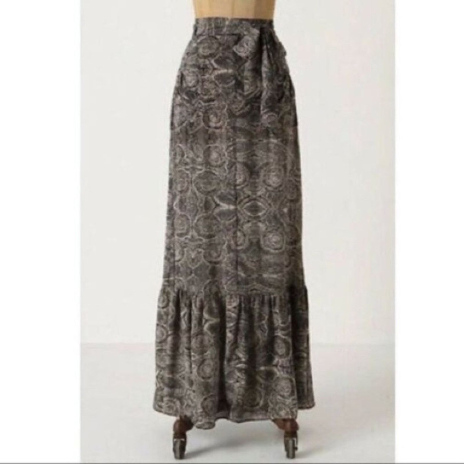 Anthropologie Lil Silk Black Tan Mermaid Ruffle Maxi Skirt, Women's (Size 27)