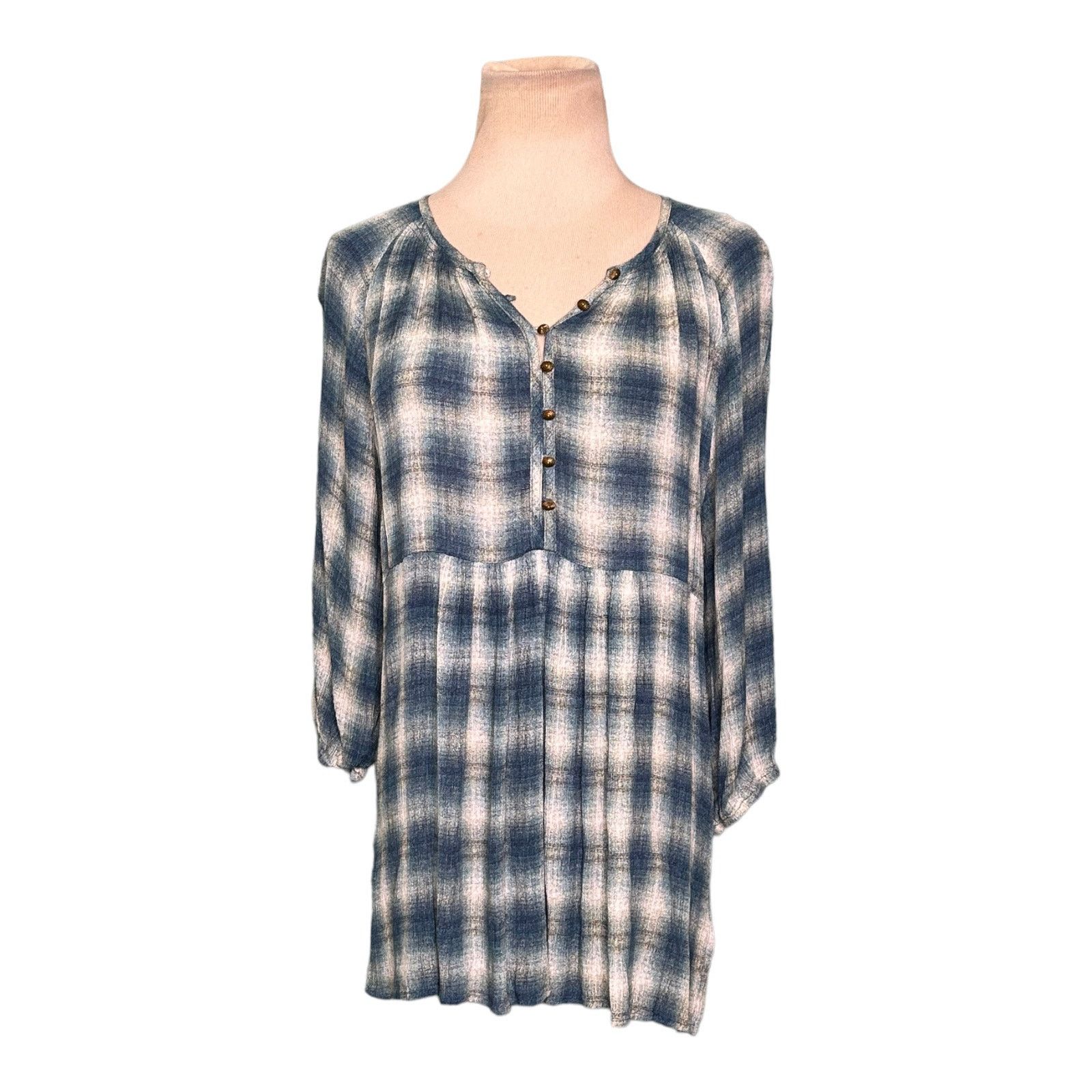 Anthropologie Maeve Plaid 3/4 Sleeves V Neck Tunic Top Blouse Size Small in Blue, Women's