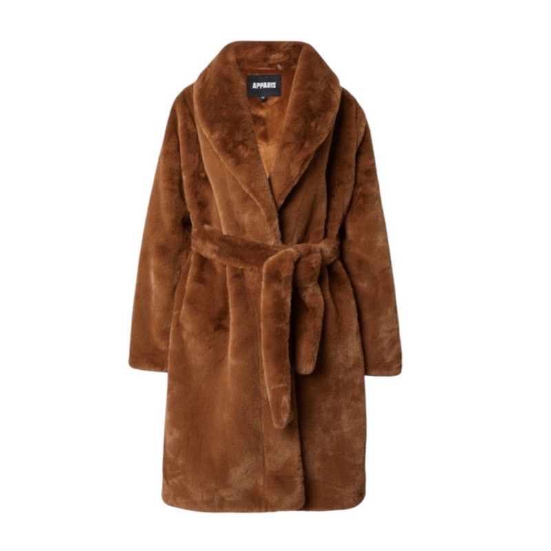 Apparis Women's Faux Fur Vegan Belted Coat Camel Large NWT in Brown