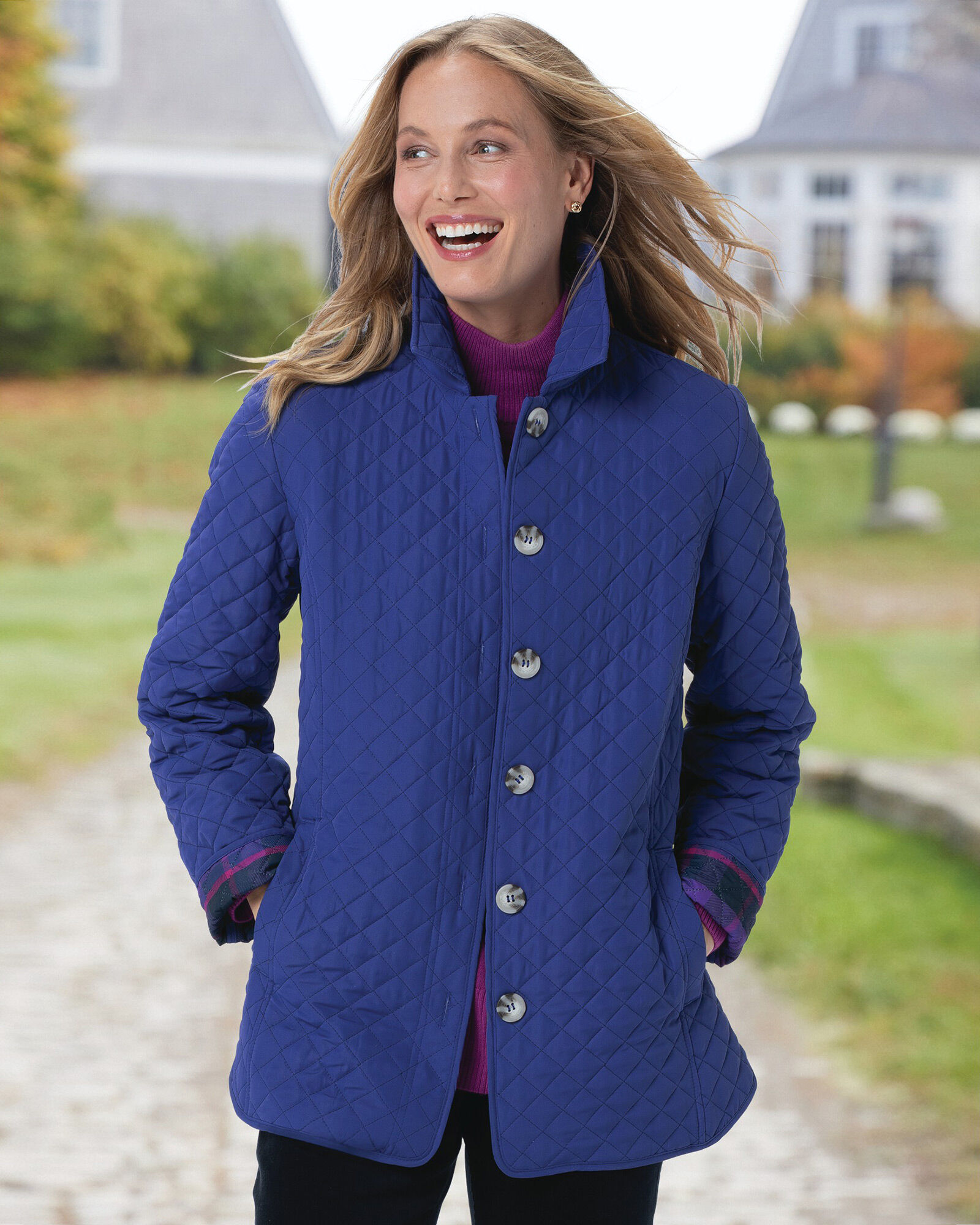 Appleseeds Women's Plaid-Trimmed Quilted Coat - Purple - L - Misses