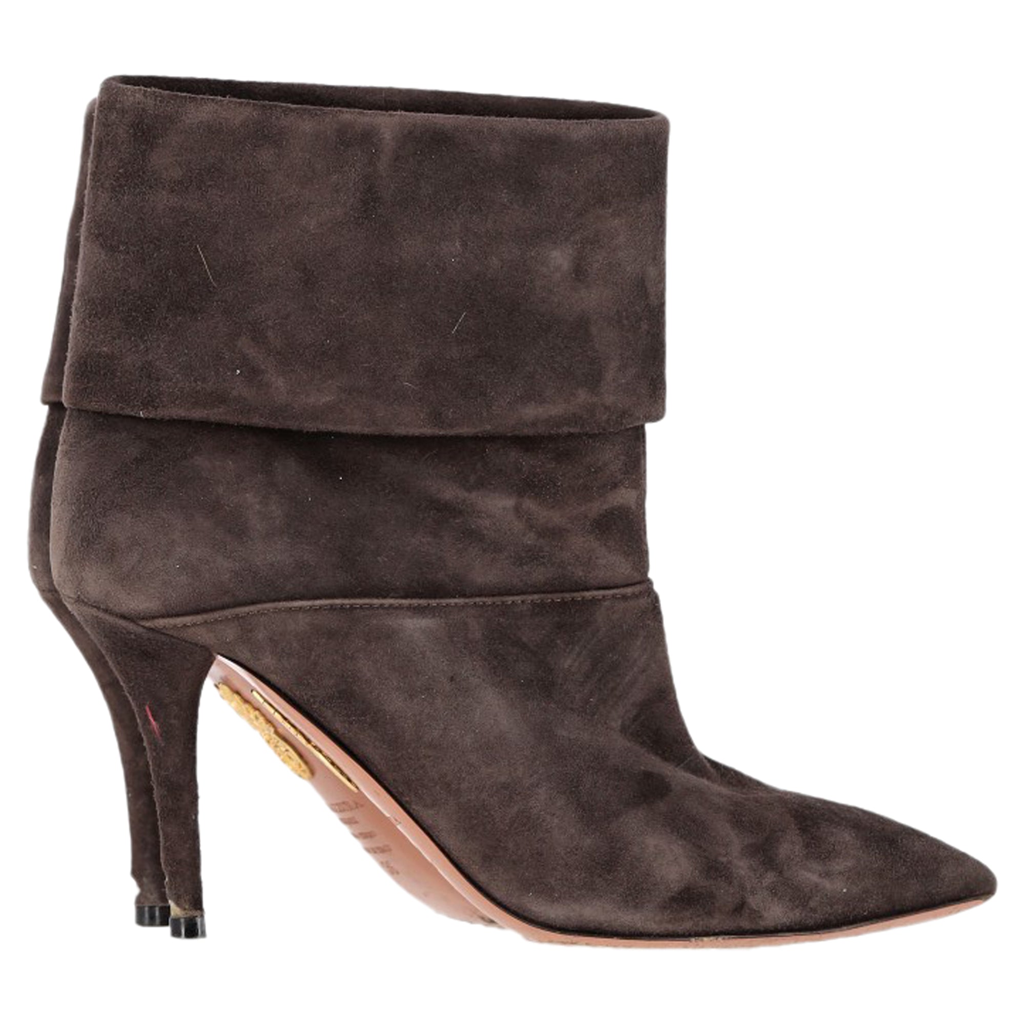 Aquazzura Folded Ankle Heeled Boots in Brown Suede