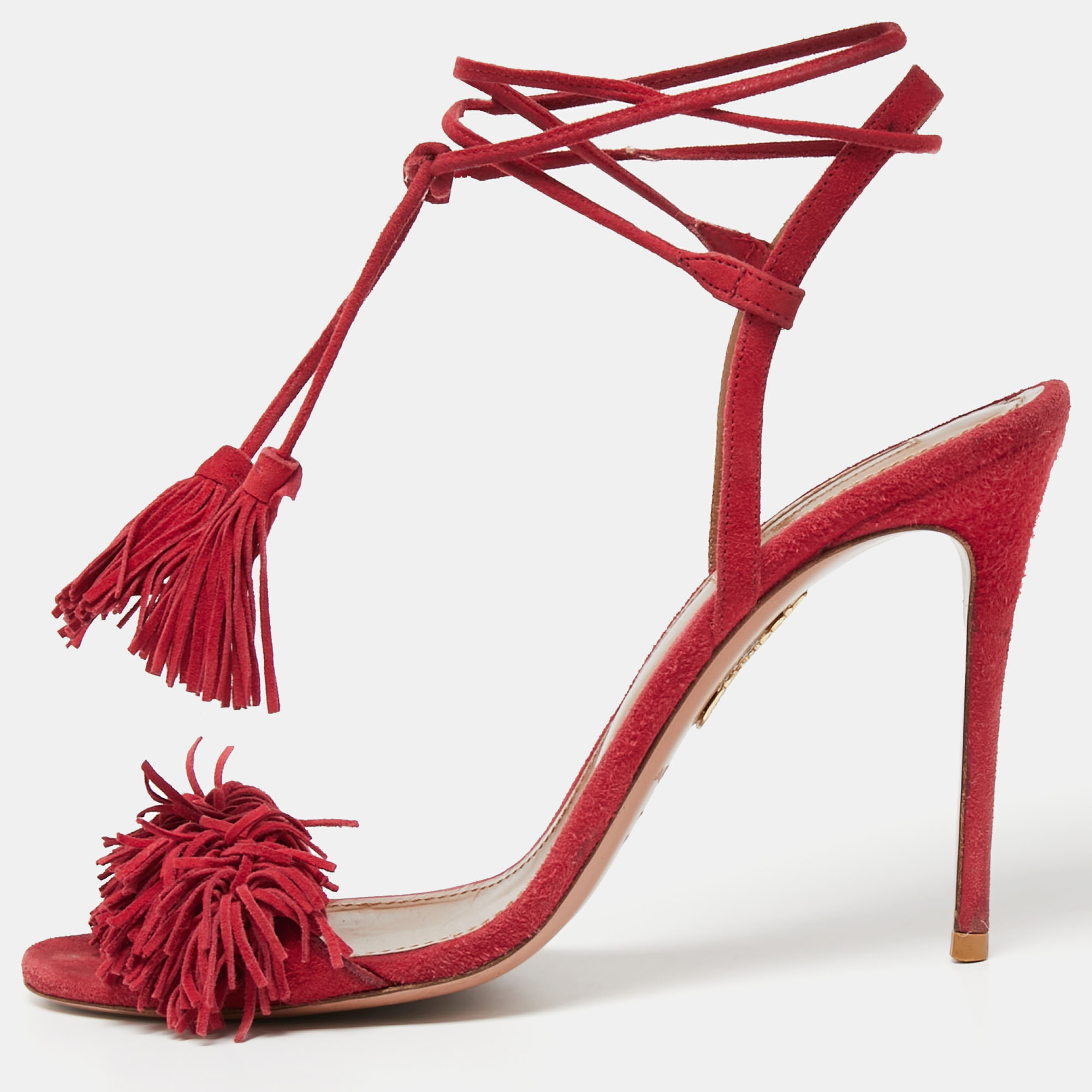 Aquazzura Red Fringed Suede Wild Thing Ankle Tie Sandals Size 38