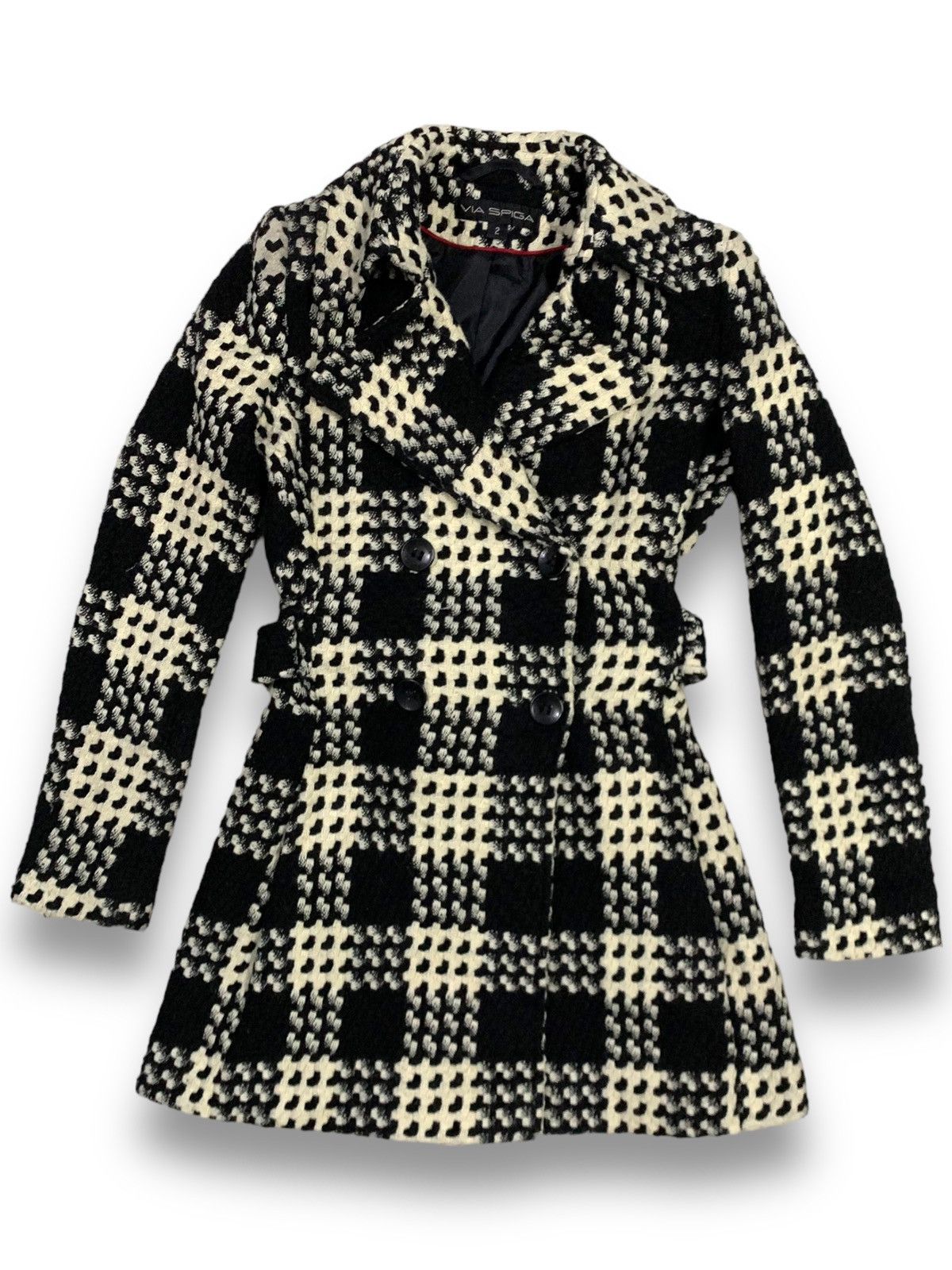 Archival Clothing x Italian Designers Vintage Via Spiga Wool Blend Woven Plaid Trench Coat in Black/White, Women's (Size Medium)