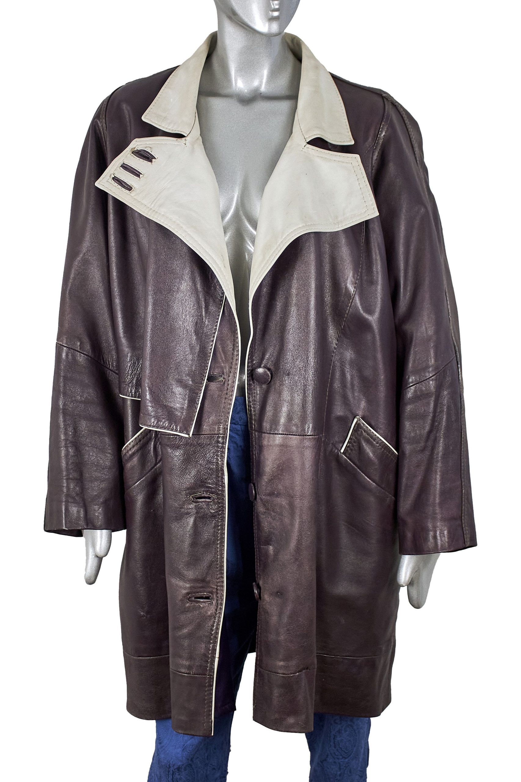 Archival Clothing x Valentino Vintage Valentino Women's Leather Coat, Raincoat Cloak in Eggplant (Size XL)