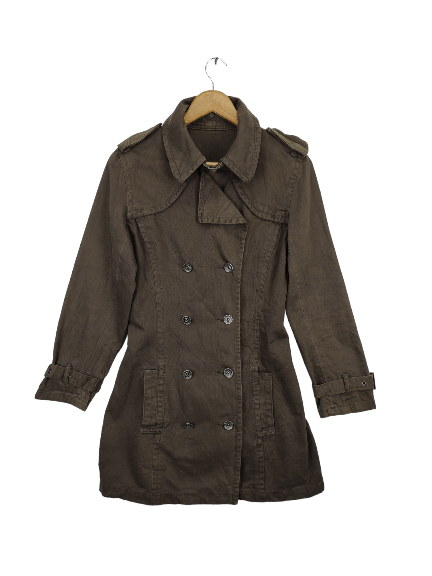 Archival Clothing x Vintage Denim Trench Coat Military Style Unbranded in Dark Brown, Women's (Size Medium)