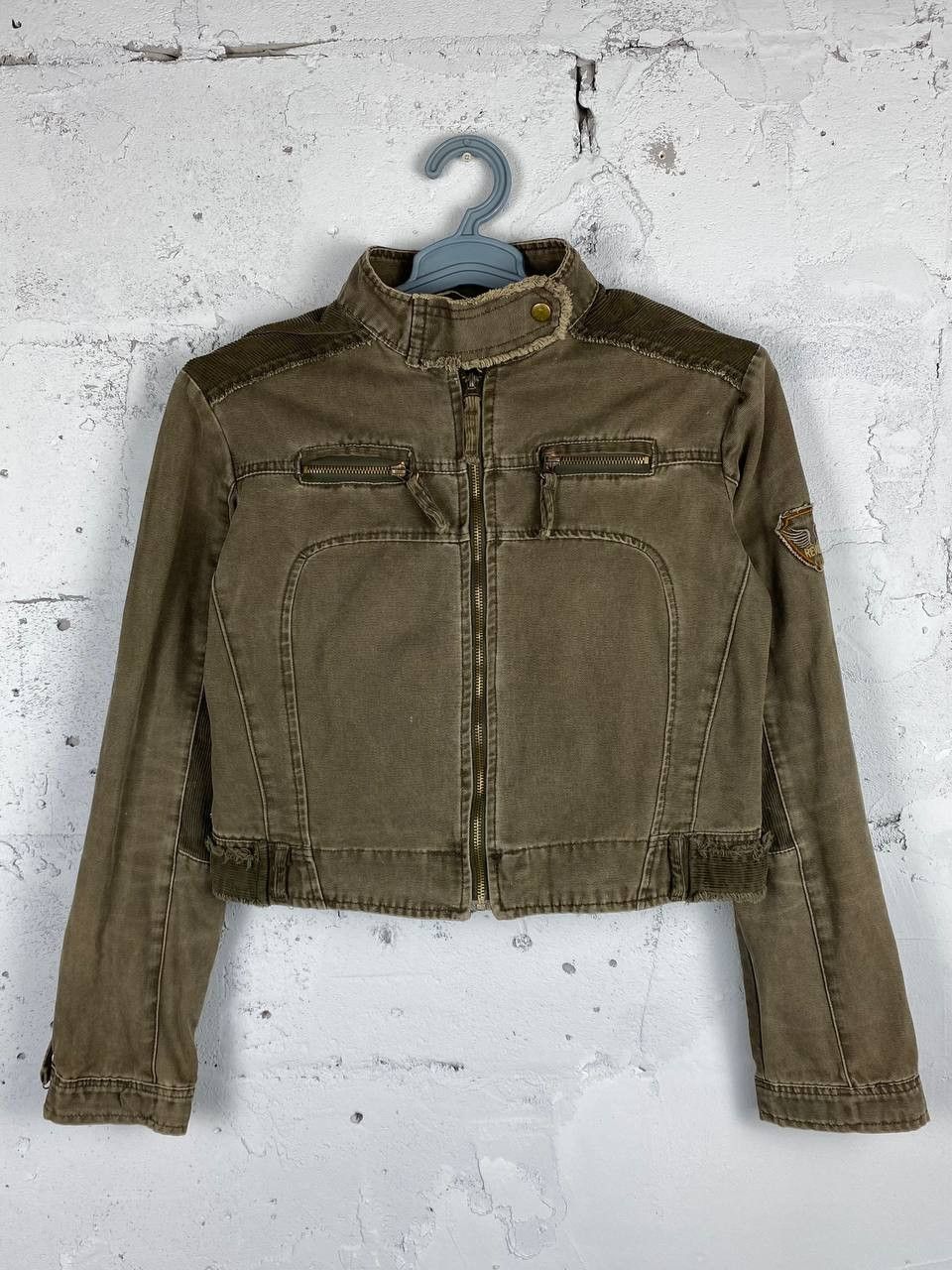 Archival Clothing x Vintage Y2K Faded Vintage Cropped Archive Biker Blazer Denim Jacket in Green, Women's (Size Medium)