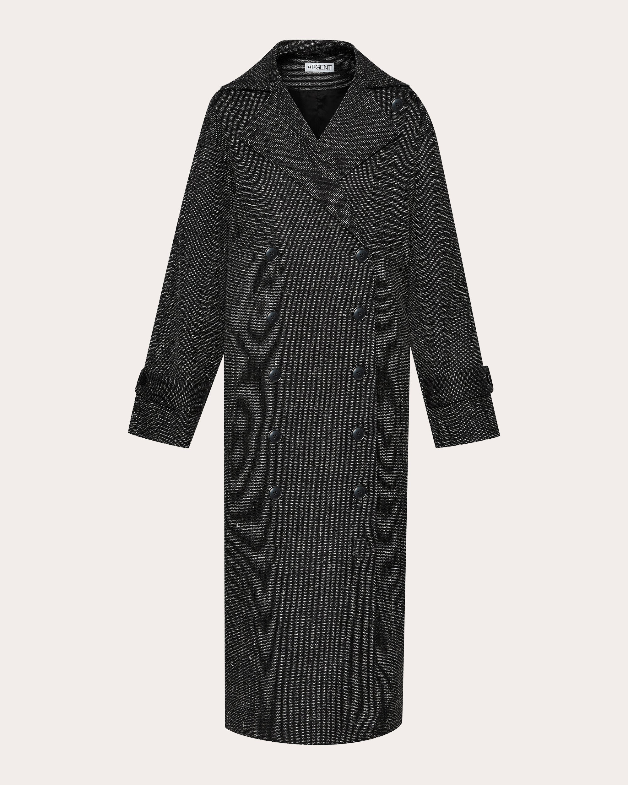 Argent Women's Double-Breasted Wool Tweed Coat in Black / White Wool/Linen/Viscose