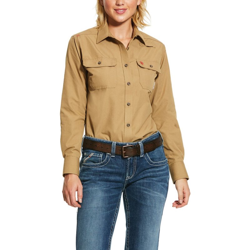 Ariat Women's Fire Resistant Featherlight Work Shirt Khaki, Small - Women's Outdoor Long-Sleeve Tops at Academy Sports