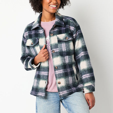 Arizona Plaid Shacket Midweight Womens Juniors Shirt Jacket, Small, Blue