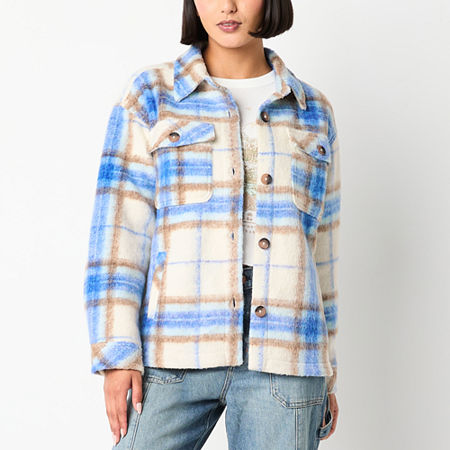 Arizona Plaid Shacket Midweight Womens Juniors Shirt Jacket, X-small, Beige