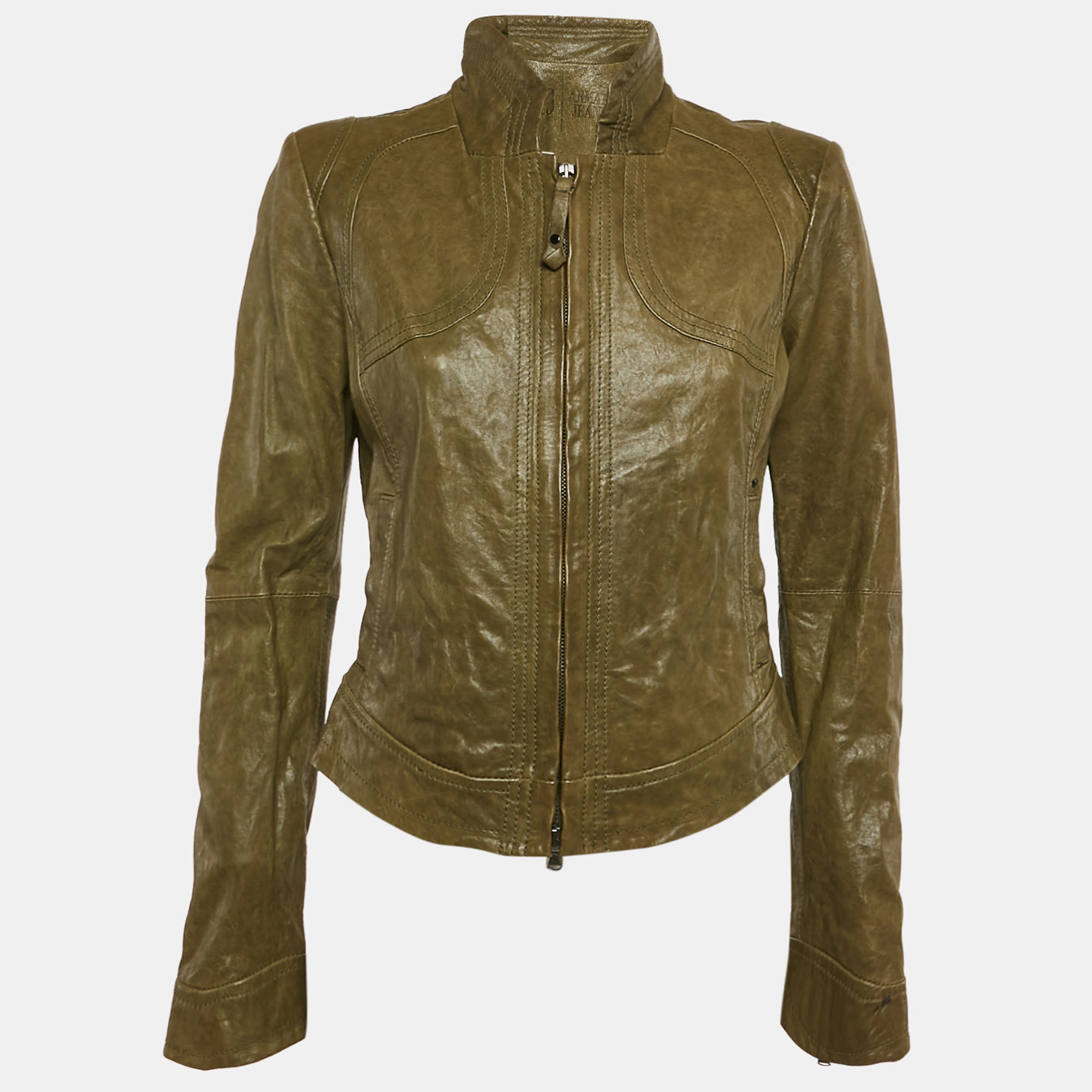 Armani Jeans Olive Green Leather Zip-Up Jacket M