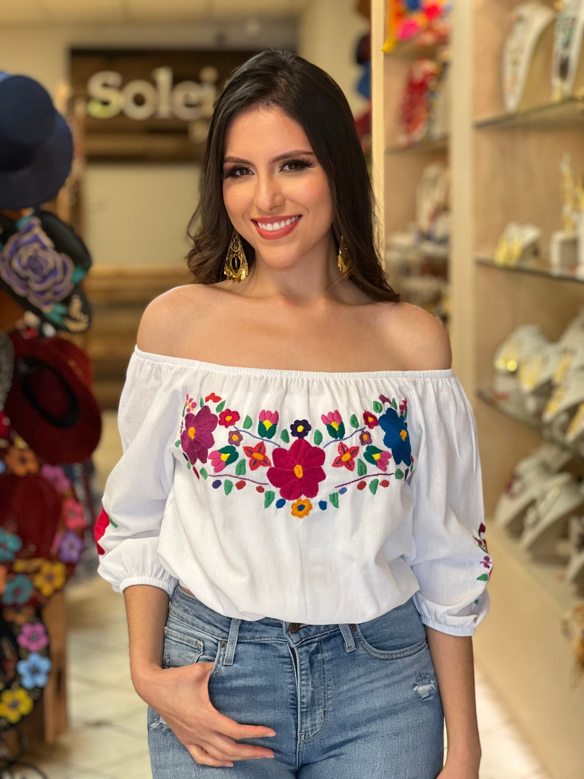 Artisanal Hand Embroidered Crop Top. Mexican 3/4 Sleeve Floral Traditional Blouse. Fashion