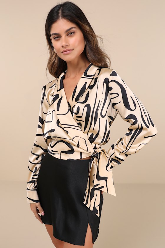 Artistic Inspiration Beige Abstract Print Satin Wrap Top