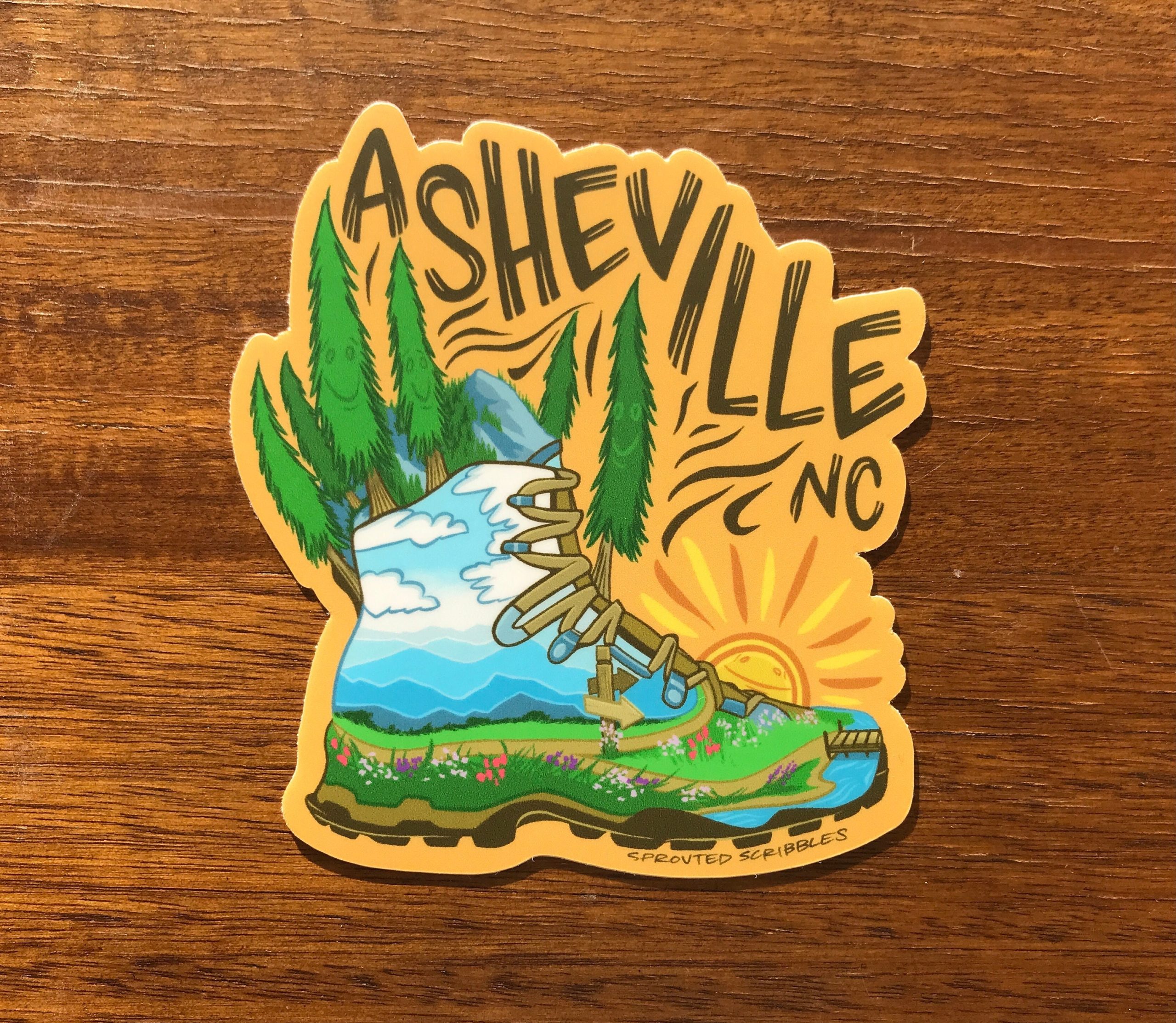 Asheville Sticker - 3.5" Or 4.1" Hiking Boot Vinyl Decal Nature Lover Gift Outdoor Enthusiast Travel Souvenir North Carolina