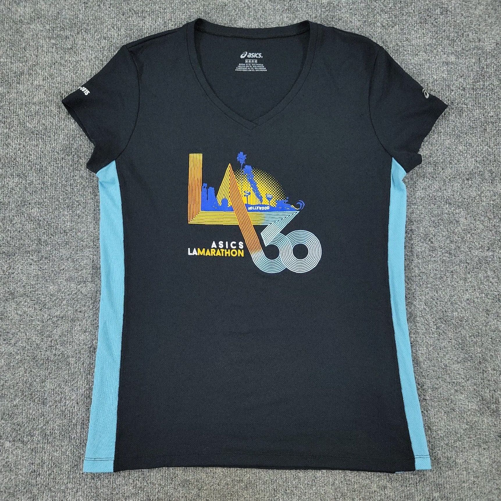 Asics Black V Neck Short Sleeve Women's Medium Activewear Shirt For La Marathon 2015 in White