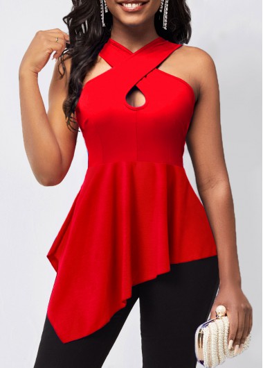 Asymmetric Hem Cross Front Red Tank Top