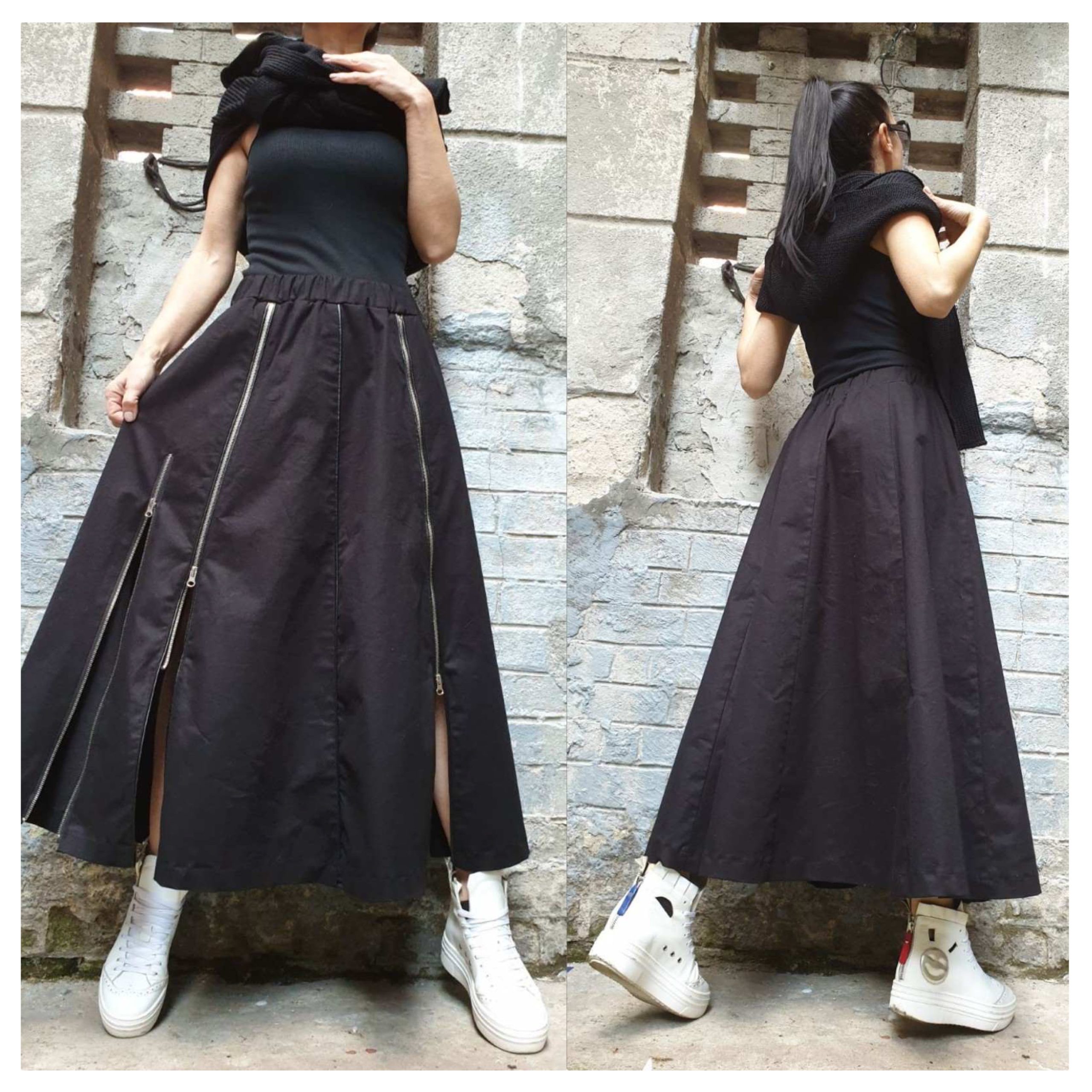 Asymmetric Zipper Skirt/Loose Long Skirt/Extravagant Cotton Skirt/Maxi Woman Clothing/Casual Comfortable Skirt/Avantgarde Clothing