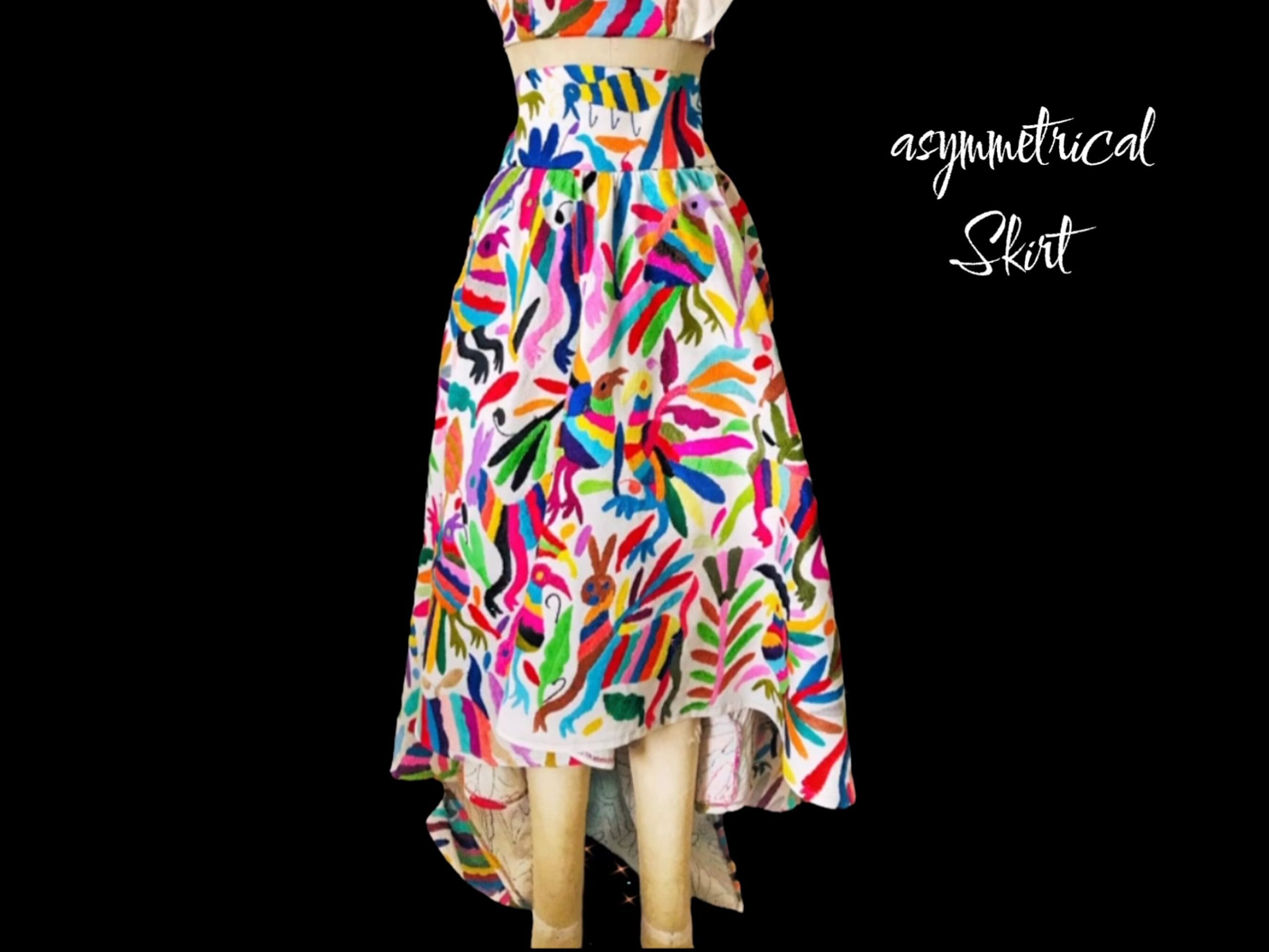 Asymmetrical Long Otomi Skirt - Hand Embroidered "Antonieta" Fully Crop Top Is Sold Separately