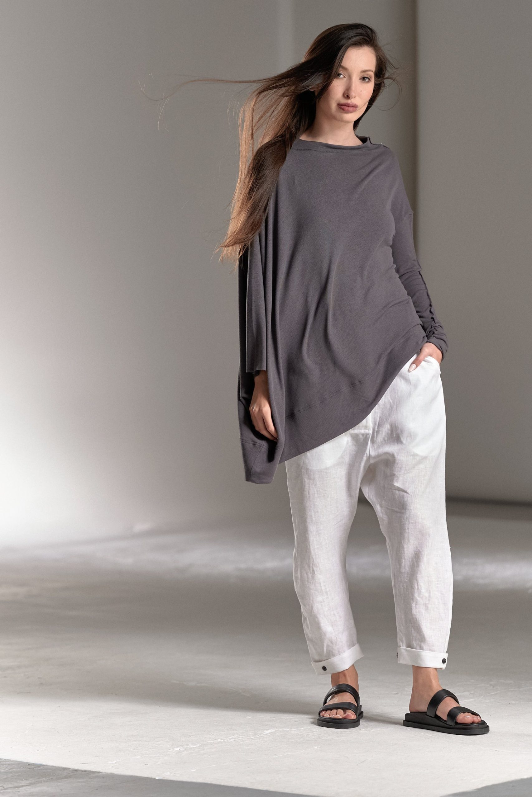 Asymmetrical Tunic Top/Long-Sleeved Brown-Grey Minimalist Oversized Blouse Aryasense Tkdal22Bg