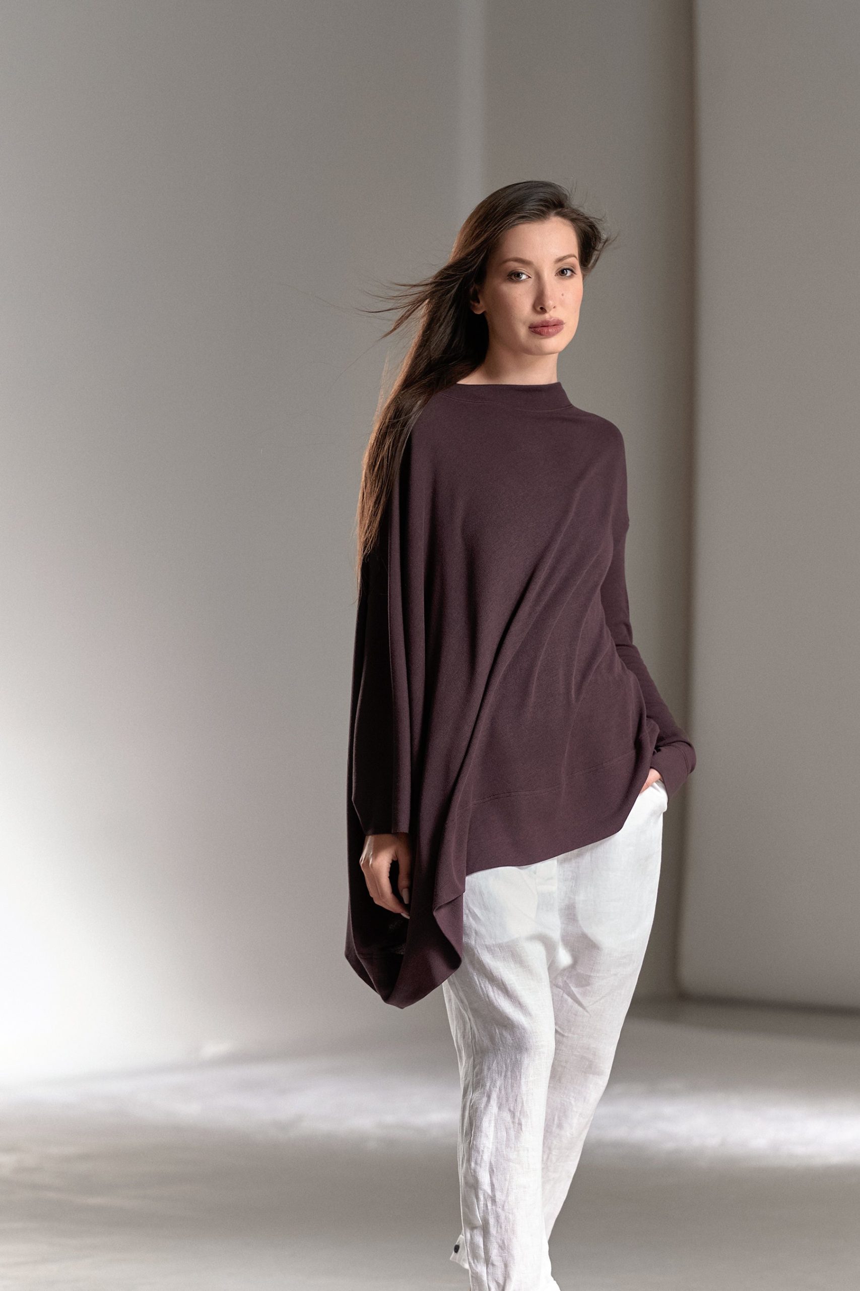 Asymmetrical Tunic Top/Long-Sleeved Muted Bordo Minimalist Oversized Blouse Aryasense Tkdal22Mb