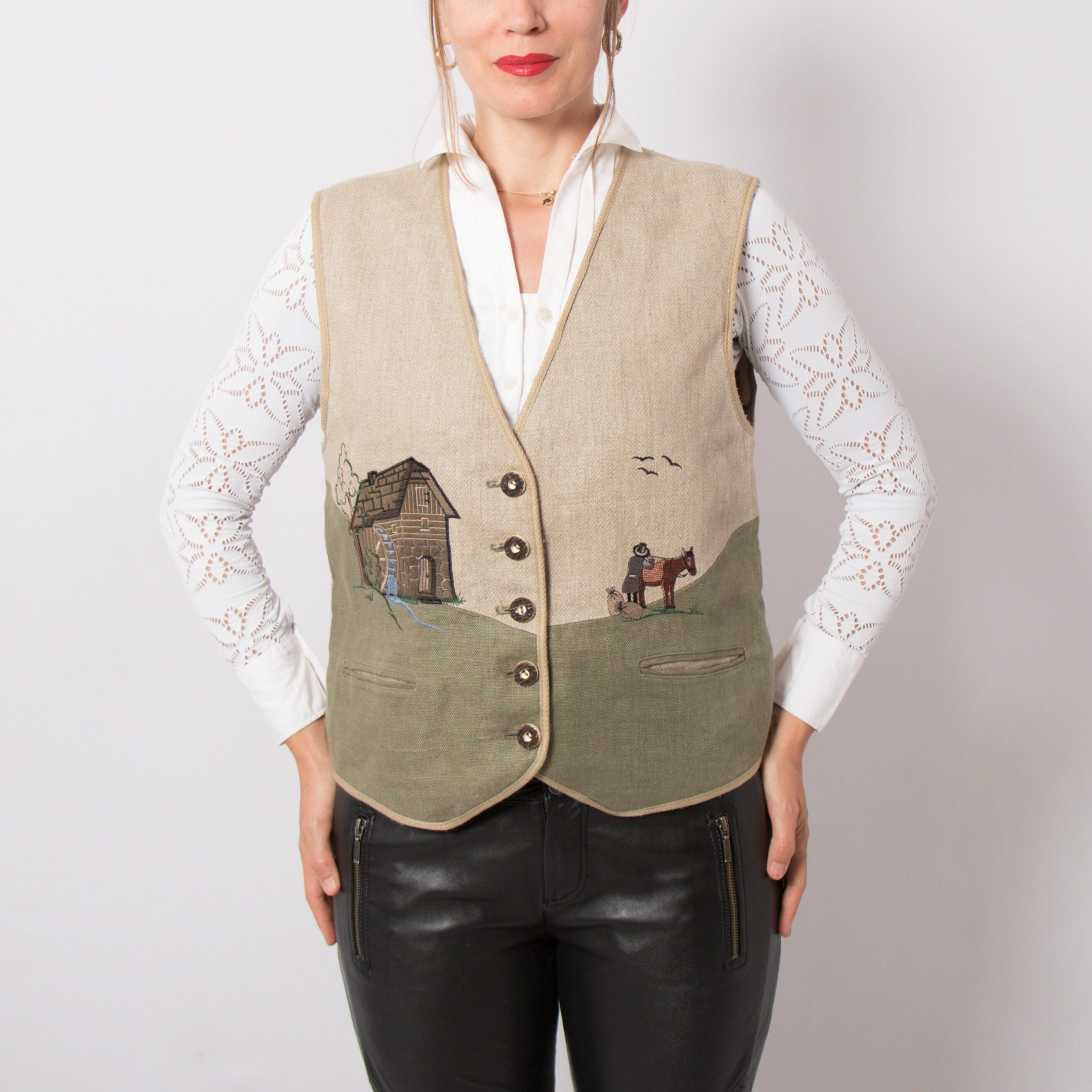 Austrian Salzburg Folk Vest Linen Waistcoat Cottagecore Trachten Dirndl Embroidered Gilet Medium Size Gift