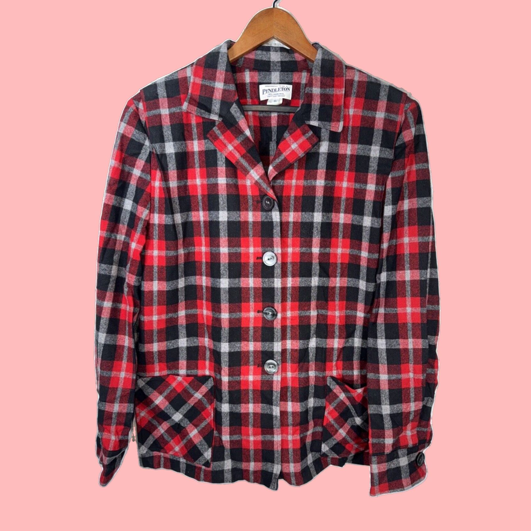 Authentic Pendleton Red Gray Black Plaid Wool Blend Button Front Shacket In Women'S Extra Large in White, Women's (Size XL)