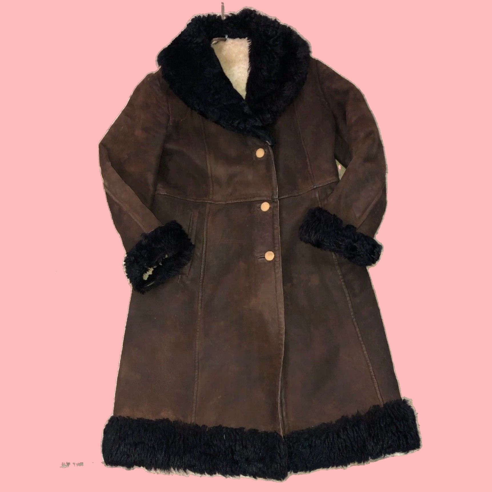 Authentic Vintage Ladies Brown Suede Leather Shearling Lined Coat With Penny Lane Fur Accents In Medium Size in White, Women's